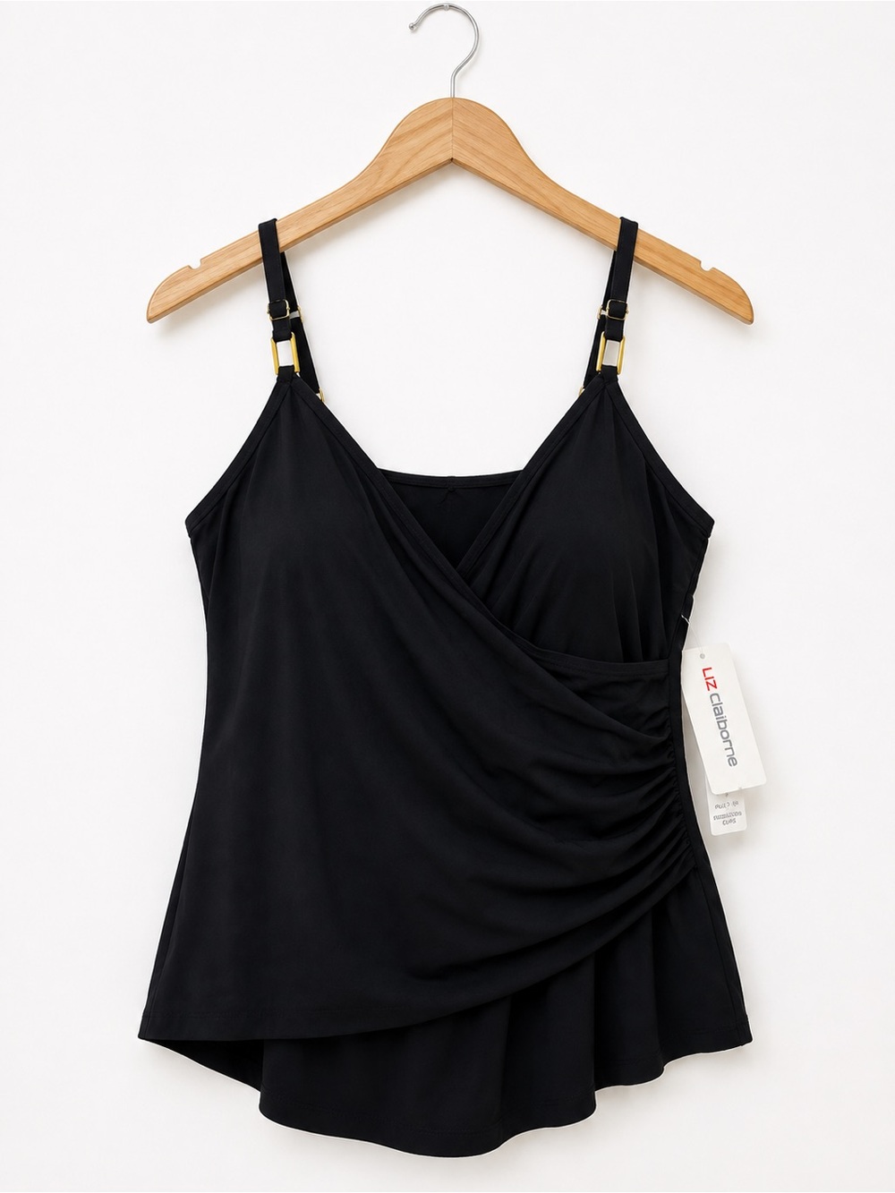 Liz Claiborne Black Wrap Front Tankini Swim Top Size 6 NWT